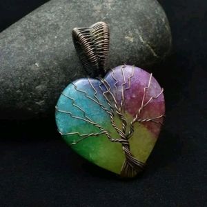 Rainbow Solar Quartz Heart Copper Wire Wrapped Tree of Life Pendant